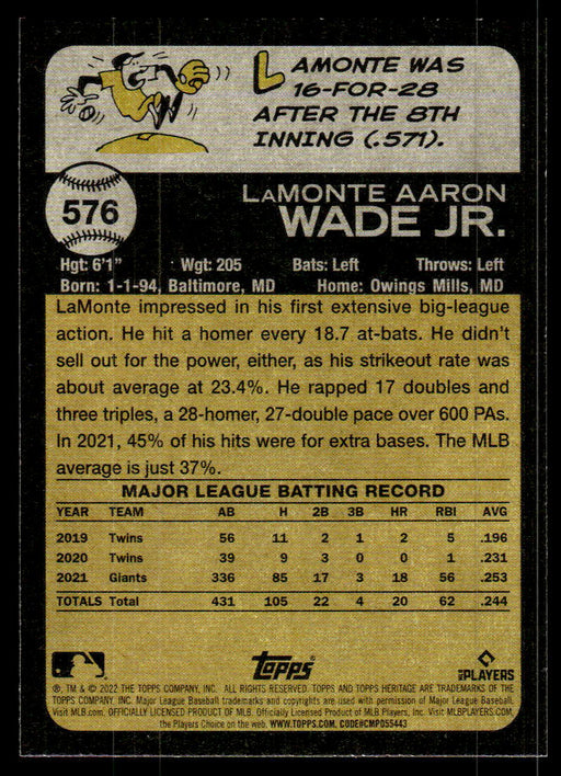 LaMonte Wade Jr. 2022 Topps Heritage High Base Back of Card