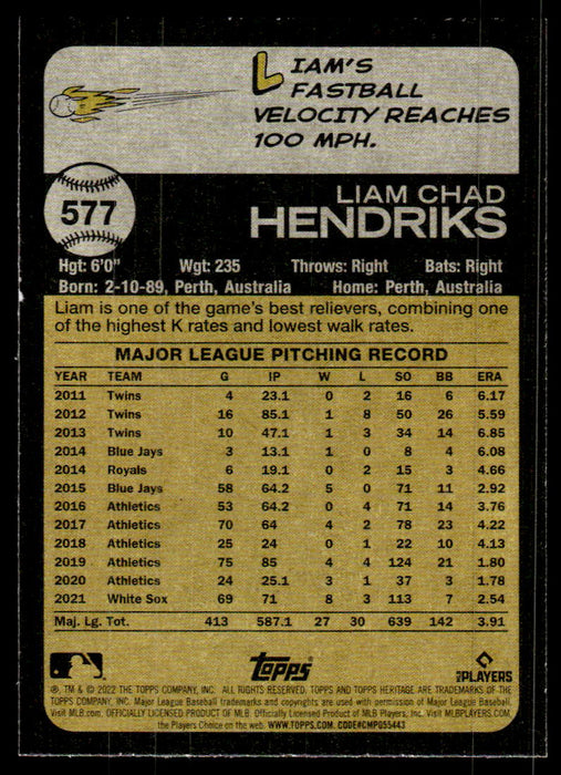 Liam Hendriks 2022 Topps Heritage High Base Back of Card