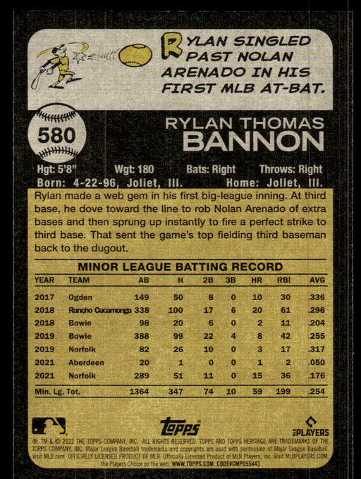 Rylan Bannon 2022 Topps Heritage High Base Back of Card