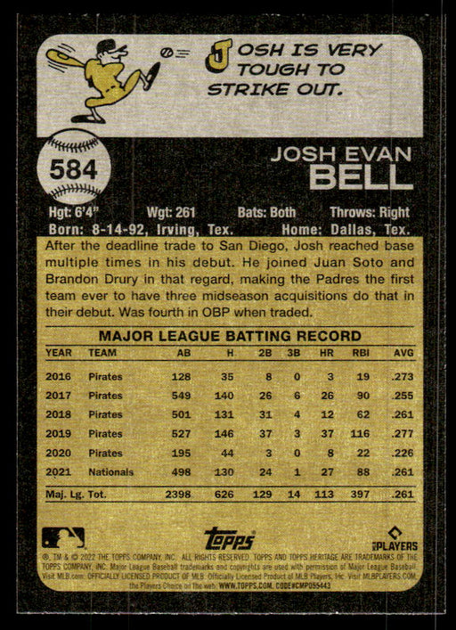 Josh Bell 2022 Topps Heritage High Base Back of Card