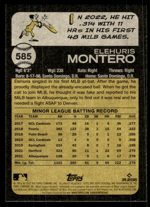Elehuris Montero 2022 Topps Heritage High Base Back of Card