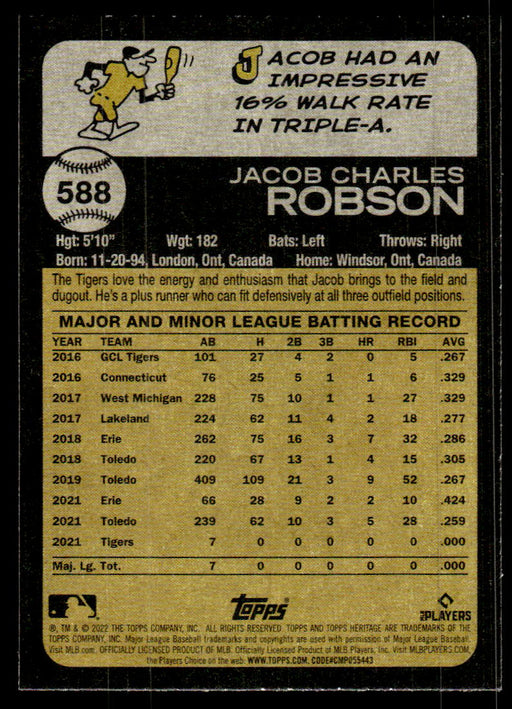 Jacob Robson 2022 Topps Heritage High Base Back of Card