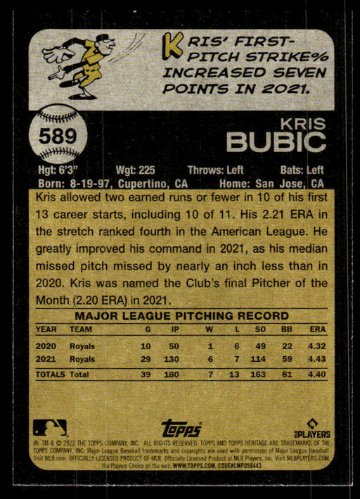 Kris Bubic 2022 Topps Heritage High Base Back of Card
