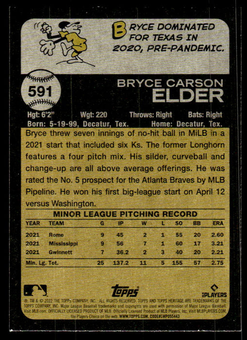 Bryce Elder 2022 Topps Heritage High Base Back of Card