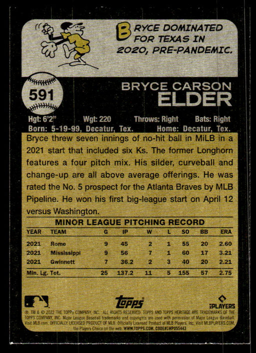 Bryce Elder 2022 Topps Heritage High Base Back of Card