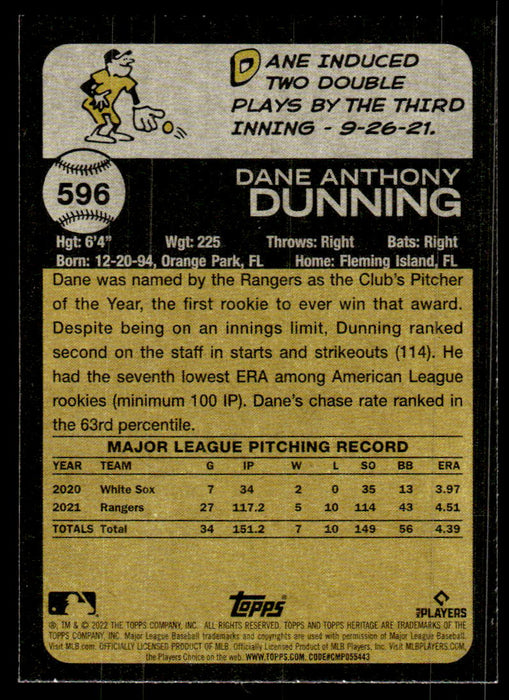Dane Dunning 2022 Topps Heritage High Base Back of Card
