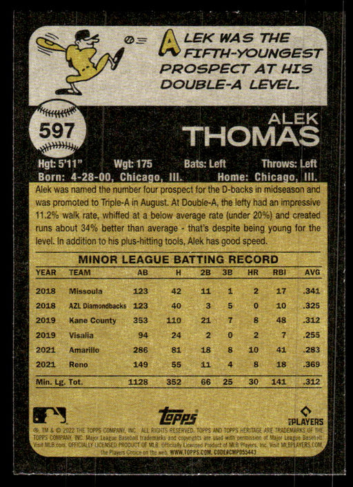 Alek Thomas 2022 Topps Heritage High Base Back of Card