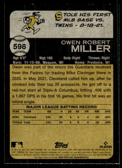 Owen Miller 2022 Topps Heritage High Base Back of Card