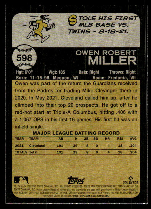 Owen Miller 2022 Topps Heritage High Base Back of Card