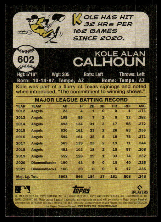 Kole Calhoun 2022 Topps Heritage High Base Back of Card