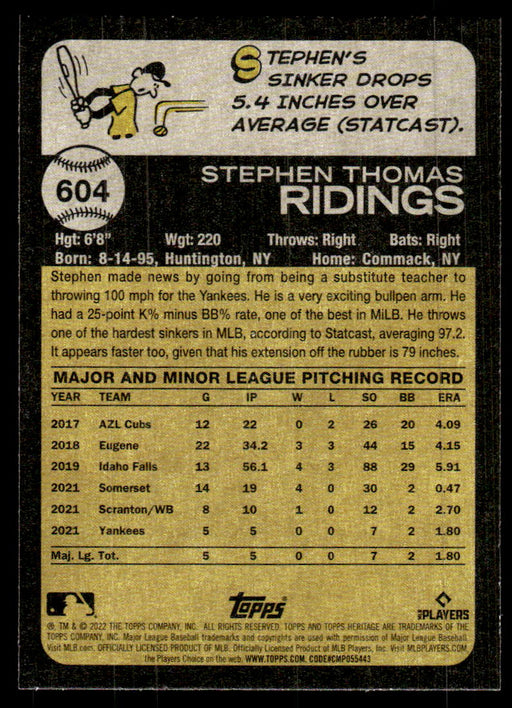 Stephen Ridings 2022 Topps Heritage High Base Back of Card