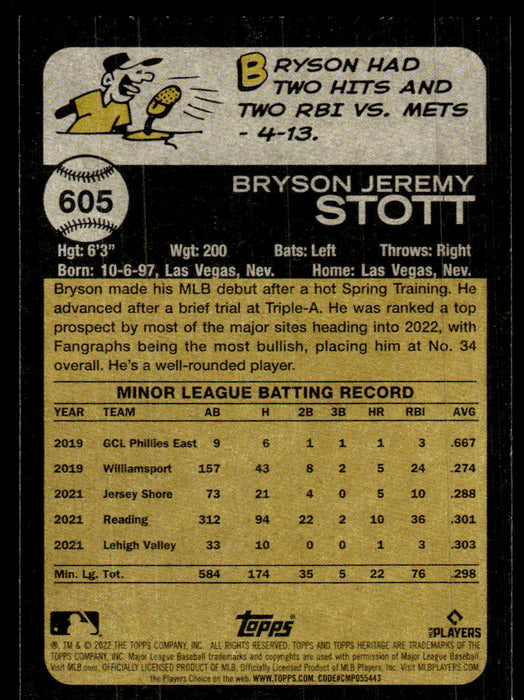 Bryson Stott 2022 Topps Heritage High Base Back of Card