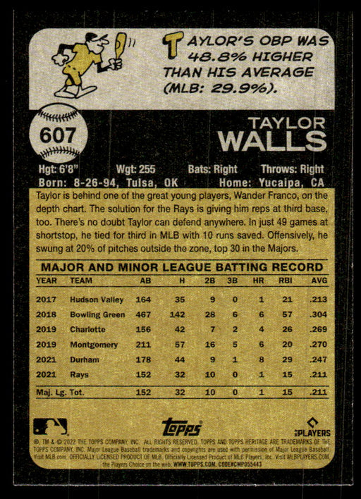 Taylor Walls 2022 Topps Heritage High Base Back of Card