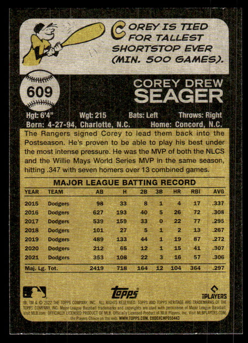 Corey Seager 2022 Topps Heritage High Base Back of Card