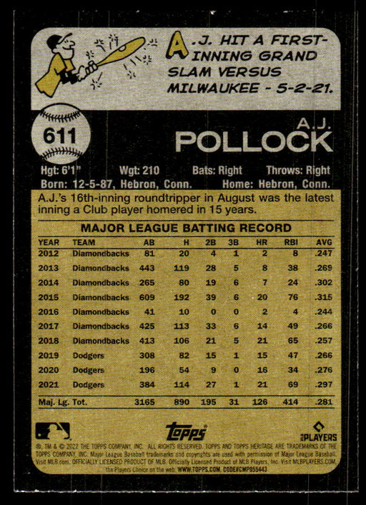 A.J. Pollock 2022 Topps Heritage High Base Back of Card