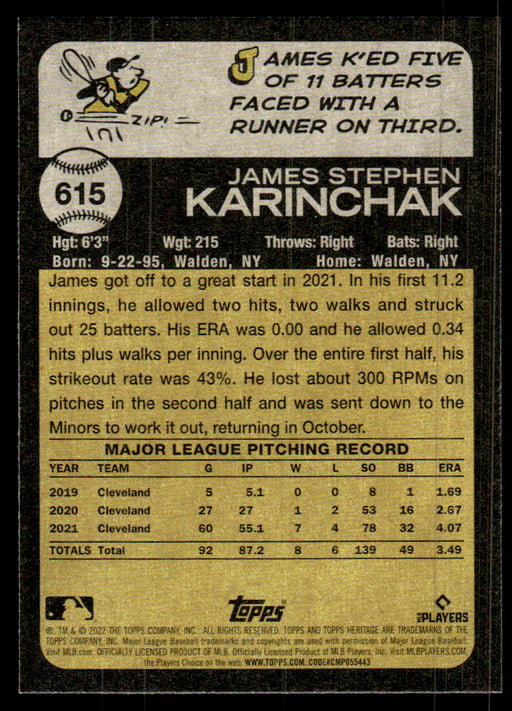 James Karinchak 2022 Topps Heritage High Base Back of Card