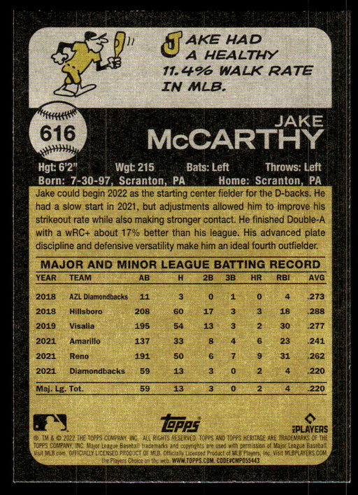 Jake McCarthy 2022 Topps Heritage High Base Back of Card