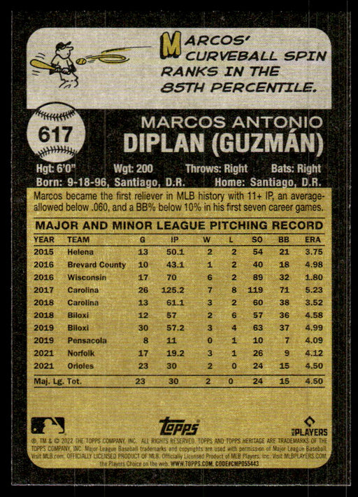 Marcos Diplan 2022 Topps Heritage High Base Back of Card