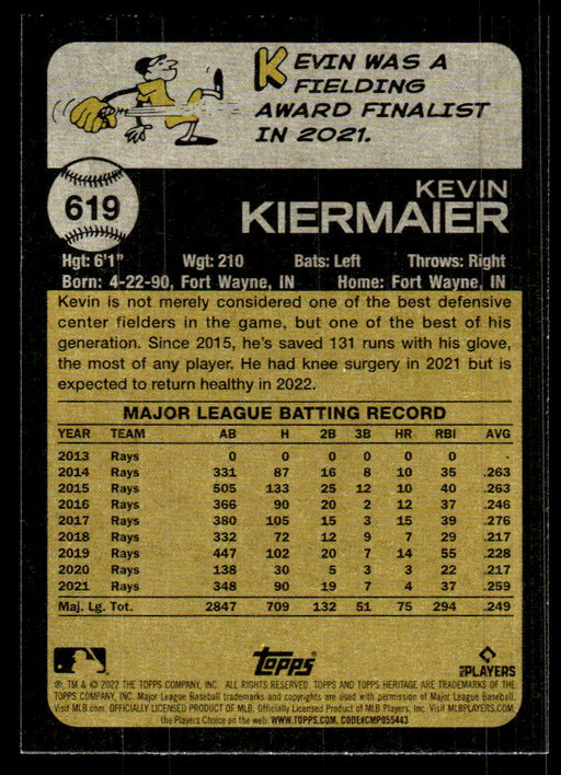 Kevin Kiermaier 2022 Topps Heritage High Base Back of Card