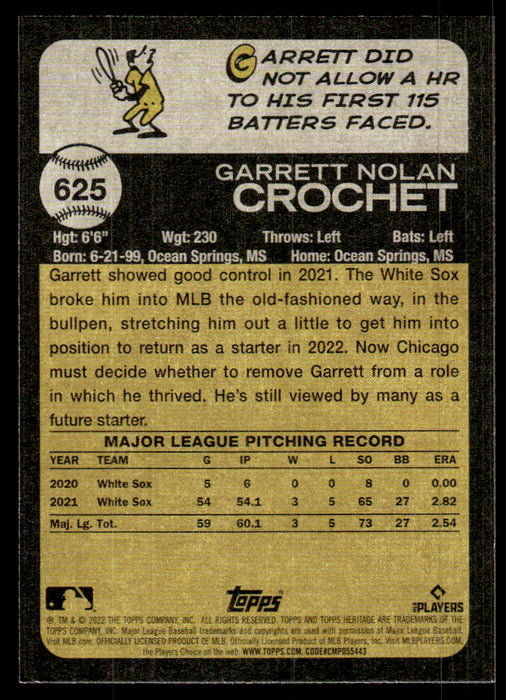 Garrett Crochet 2022 Topps Heritage High Base Back of Card