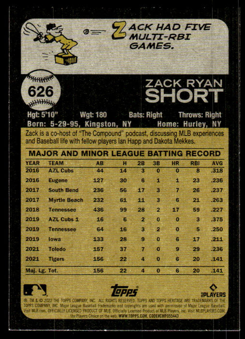 Zack Short 2022 Topps Heritage High Base Back of Card