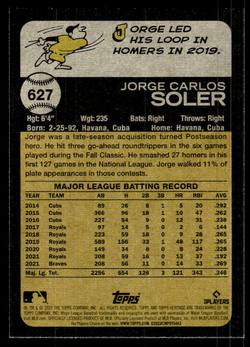 Jorge Soler 2022 Topps Heritage High Base Back of Card