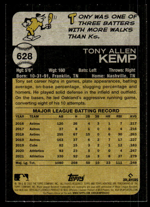 Tony Kemp 2022 Topps Heritage High Base Back of Card