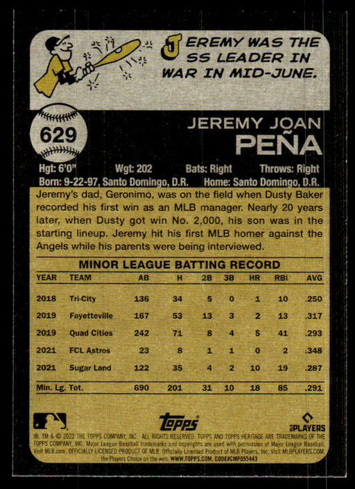 Jeremy Peña 2022 Topps Heritage High Base Back of Card