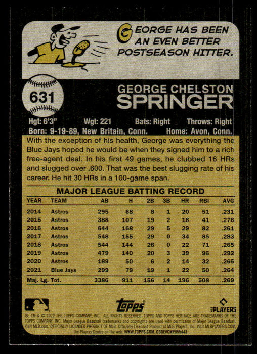 George Springer 2022 Topps Heritage High Base Back of Card