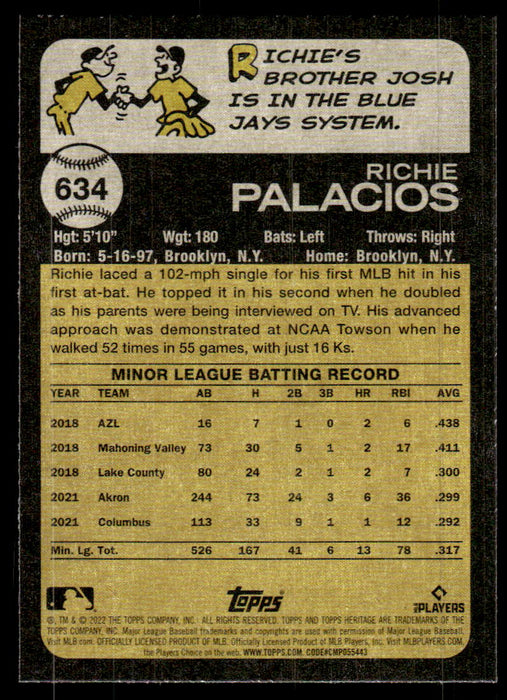 Richie Palacios 2022 Topps Heritage High Base Back of Card