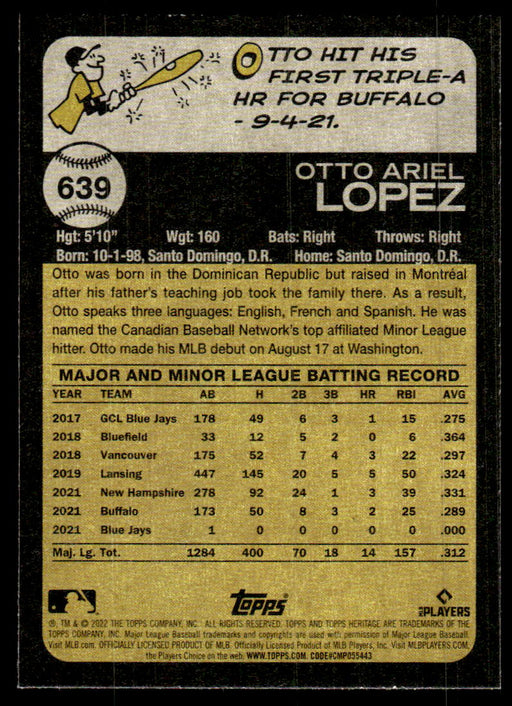 Otto Lopez 2022 Topps Heritage High Base Back of Card
