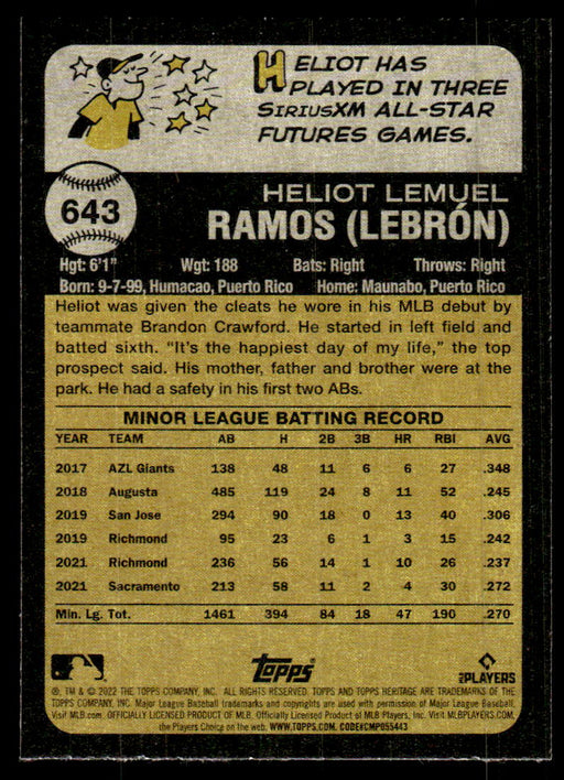 Heliot Ramos 2022 Topps Heritage High Base Back of Card