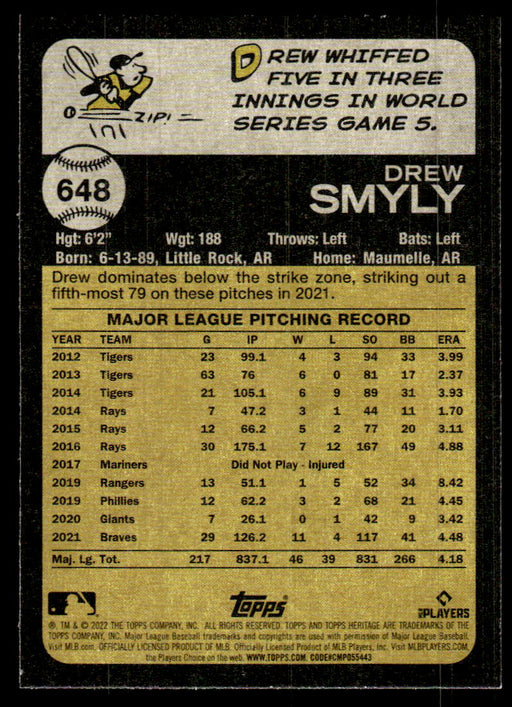 Drew Smyly 2022 Topps Heritage High Base Back of Card