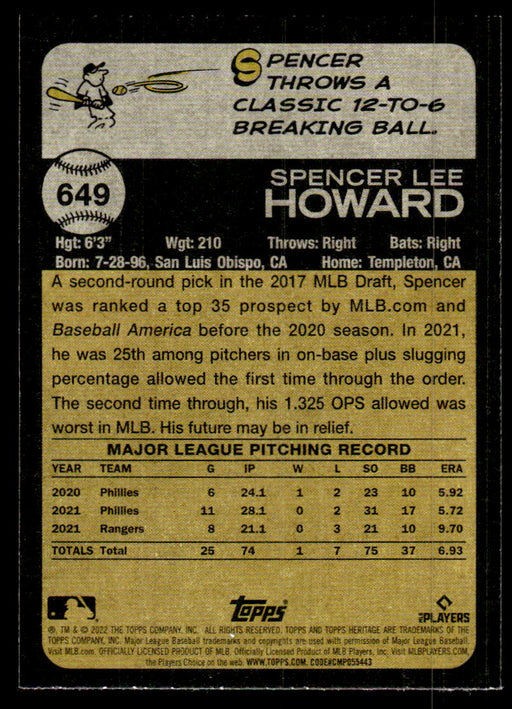 Spencer Howard 2022 Topps Heritage High Base Back of Card