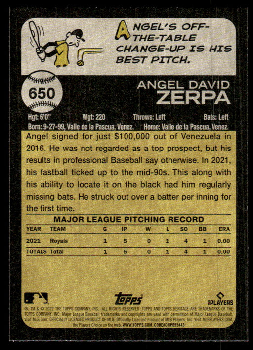 Angel Zerpa 2022 Topps Heritage High Base Back of Card