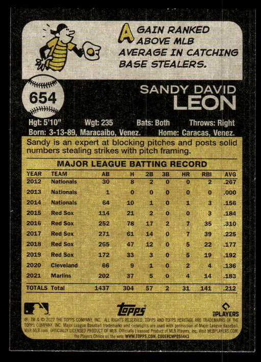 Sandy Leon 2022 Topps Heritage High Base Back of Card