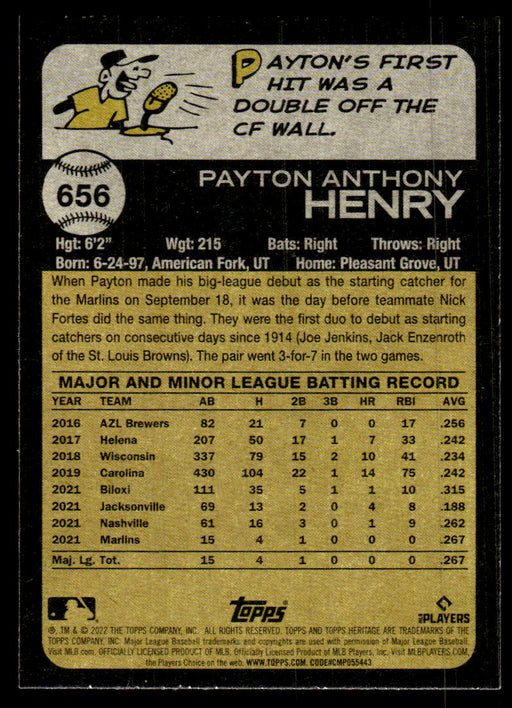 Payton Henry 2022 Topps Heritage High Base Back of Card