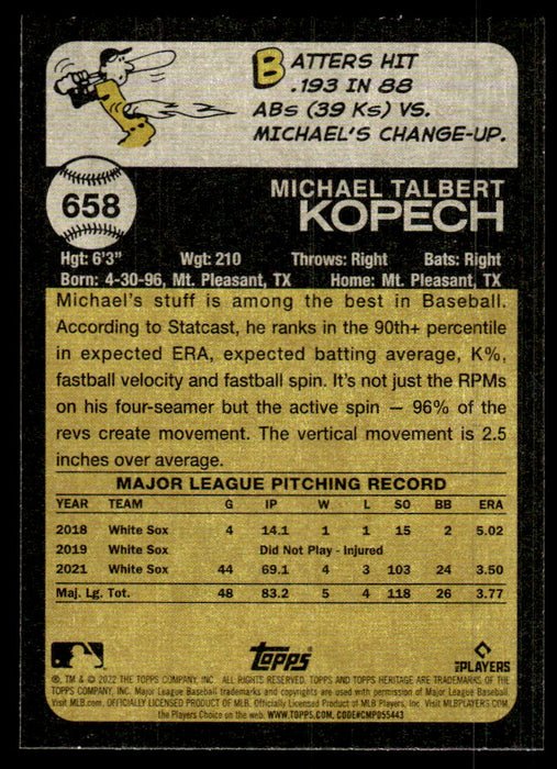 Michael Kopech 2022 Topps Heritage High Base Back of Card