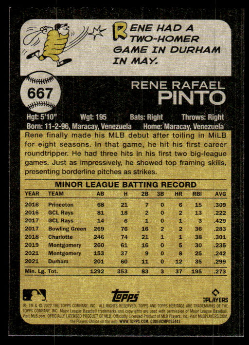 Rene Pinto 2022 Topps Heritage High Base Back of Card