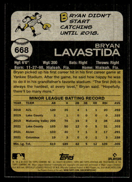 Bryan Lavastida 2022 Topps Heritage High Base Back of Card
