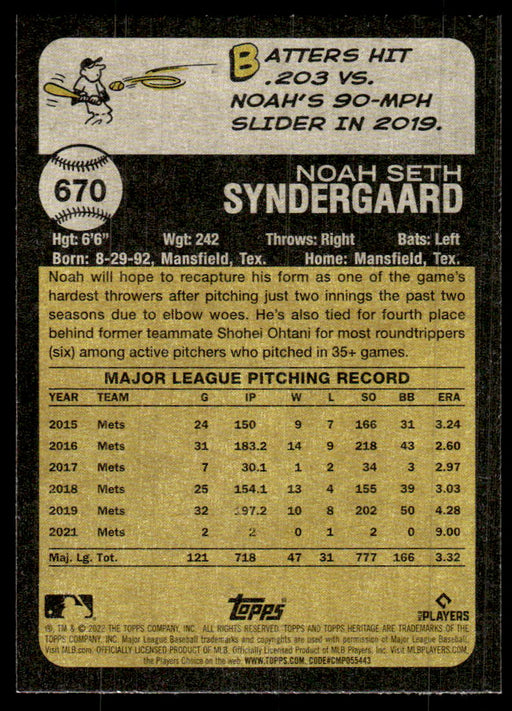 Noah Syndergaard 2022 Topps Heritage High Base Back of Card