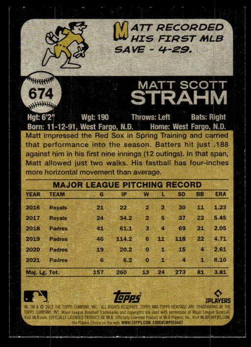 Matt Strahm 2022 Topps Heritage High Base Back of Card