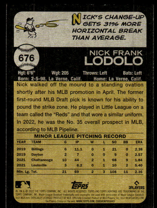 Nick Lodolo 2022 Topps Heritage High Base Back of Card