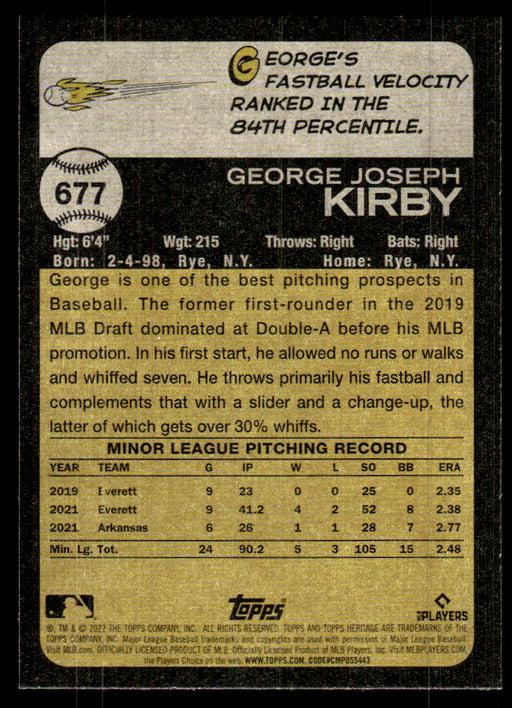 George Kirby 2022 Topps Heritage High Base Back of Card