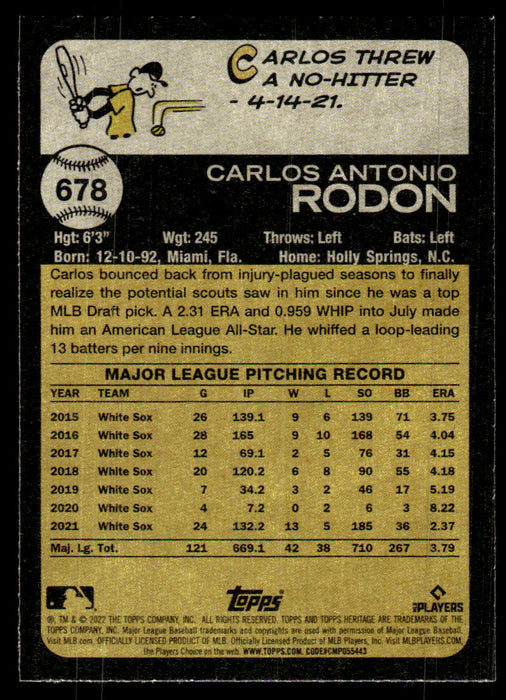 Carlos Rodon 2022 Topps Heritage High Base Back of Card