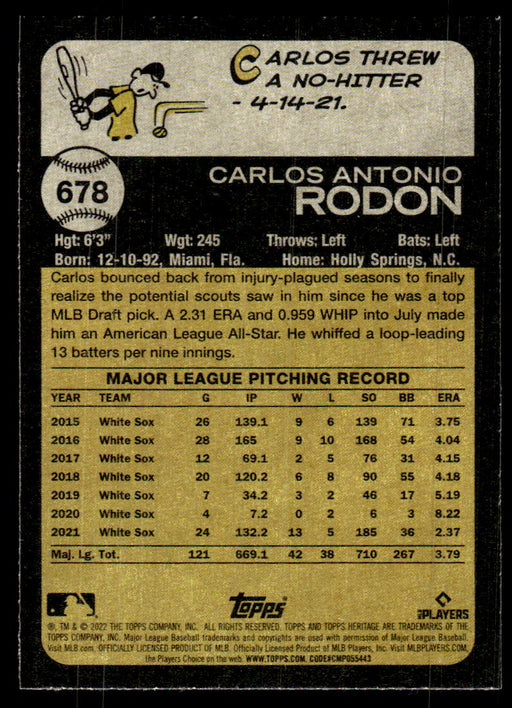 Carlos Rodon 2022 Topps Heritage High Base Back of Card