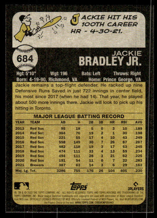 Jackie Bradley Jr. 2022 Topps Heritage High Base Back of Card