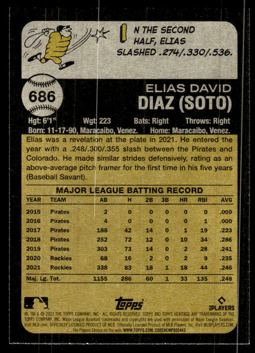 Elias Diaz 2022 Topps Heritage High Base Back of Card