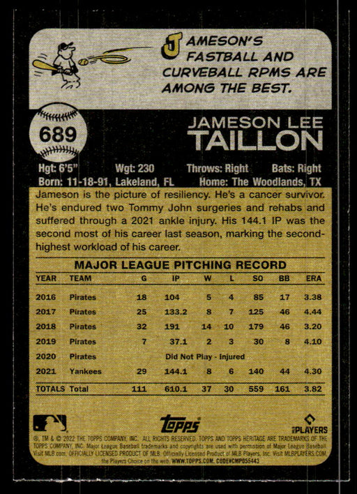 Jameson Taillon 2022 Topps Heritage High Base Back of Card