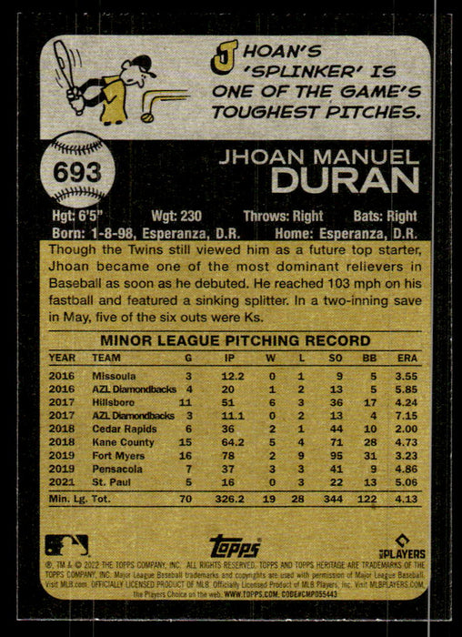 Jhoan Duran 2022 Topps Heritage High Base Back of Card